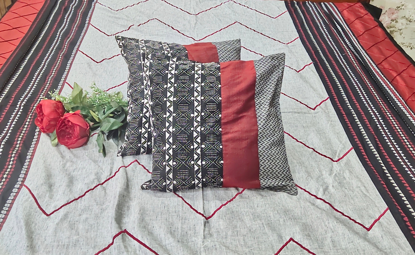 Cotton Bed Cover- Grey & Maroon EMB