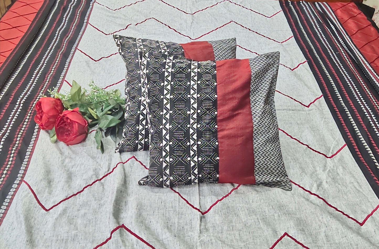 Cotton Bed Cover- Grey & Maroon EMB