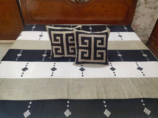 Cotton Bed Cover- Black & Jute EMB