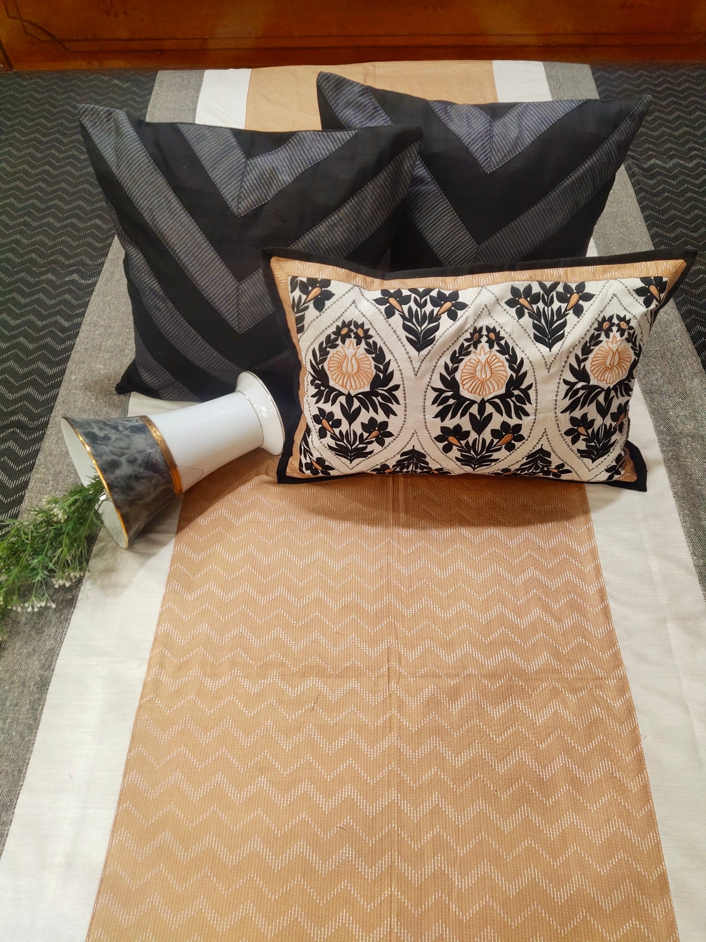 Cotton Bed Cover- Beige & Black Weave